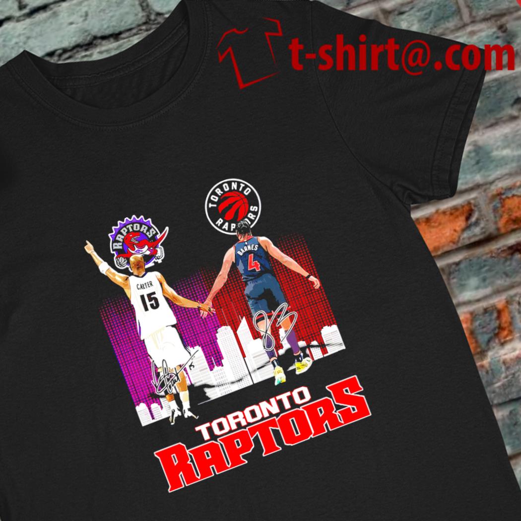Awesome vince Carter 15 and Scottie Barnes 4 signatures Toronto Raptors logo skyline shirt